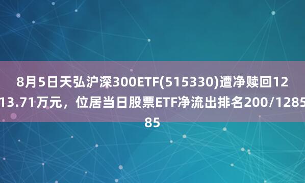 8月5日天弘沪深300ETF(515330)遭净赎回1213.71万元，位居当日股票ETF净流出排名200/1285