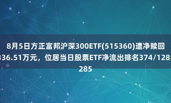 8月5日方正富邦沪深300ETF(515360)遭净赎回336.51万元，位居当日股票ETF净流出排名374/1285