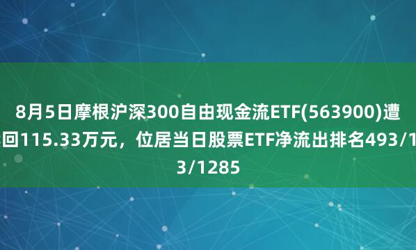 8月5日摩根沪深300自由现金流ETF(563900)遭净赎回115.33万元，位居当日股票ETF净流出排名493/1285